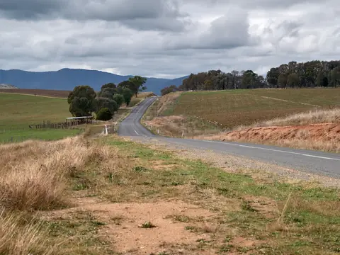 A country road winding between green and dry paddocks and gum trees towards blue hills under heavy cloud